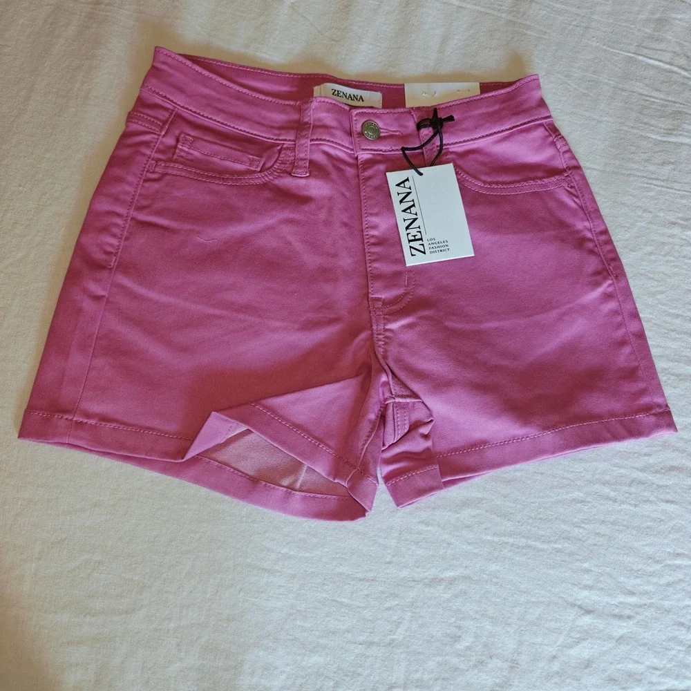 Zenana High Waist Denim Shorts Mauve Pink Five Pocket Stretch 58% Cotton Small